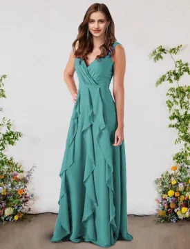 A-Line Bridesmaid Dress V Neck Sleeveless Elegant Floor Length Chiffon with Ruffles