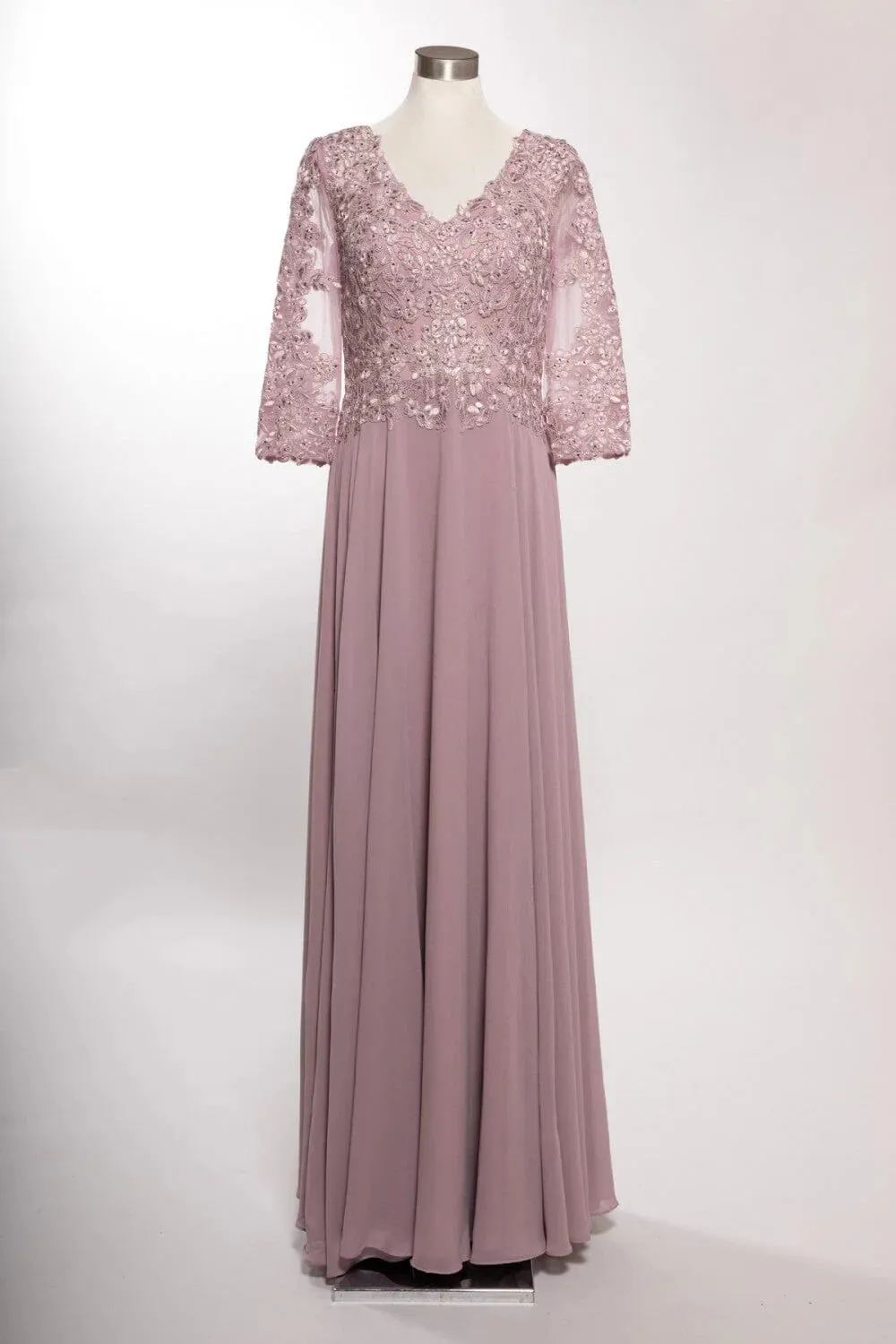 A-line chiffon bead lace decal long 3/4 sleeve dress for mother of the bride dress