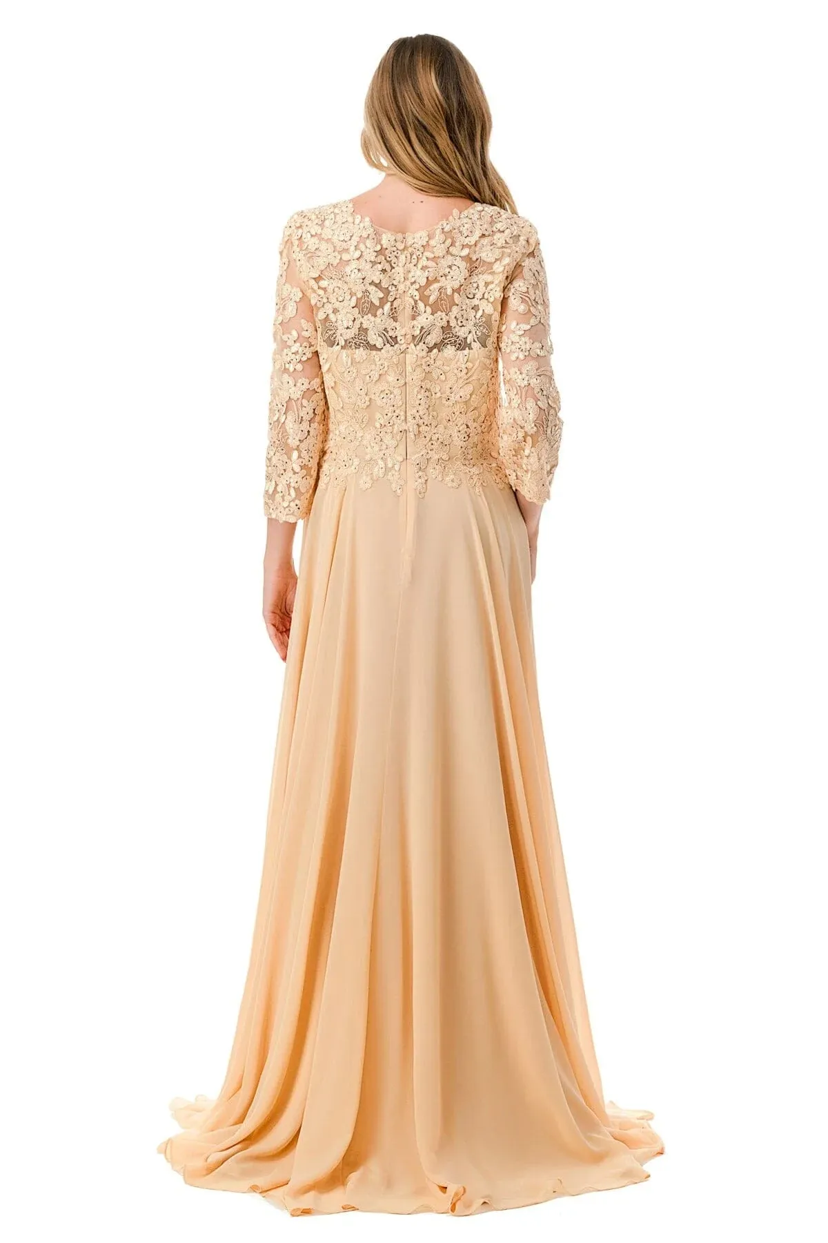 A-line chiffon bead lace decal long 3/4 sleeve dress for mother of the bride dress