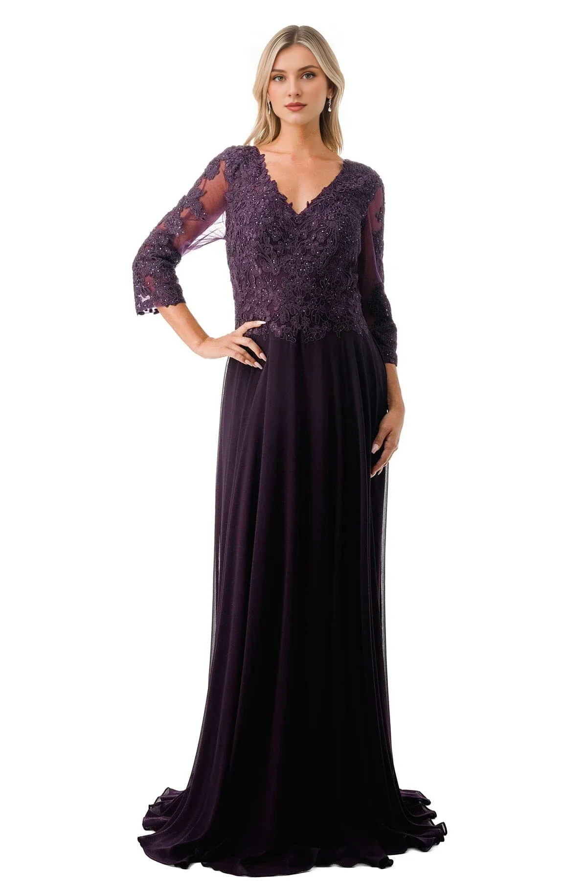 A-line chiffon bead lace decal long 3/4 sleeve dress for mother of the bride dress