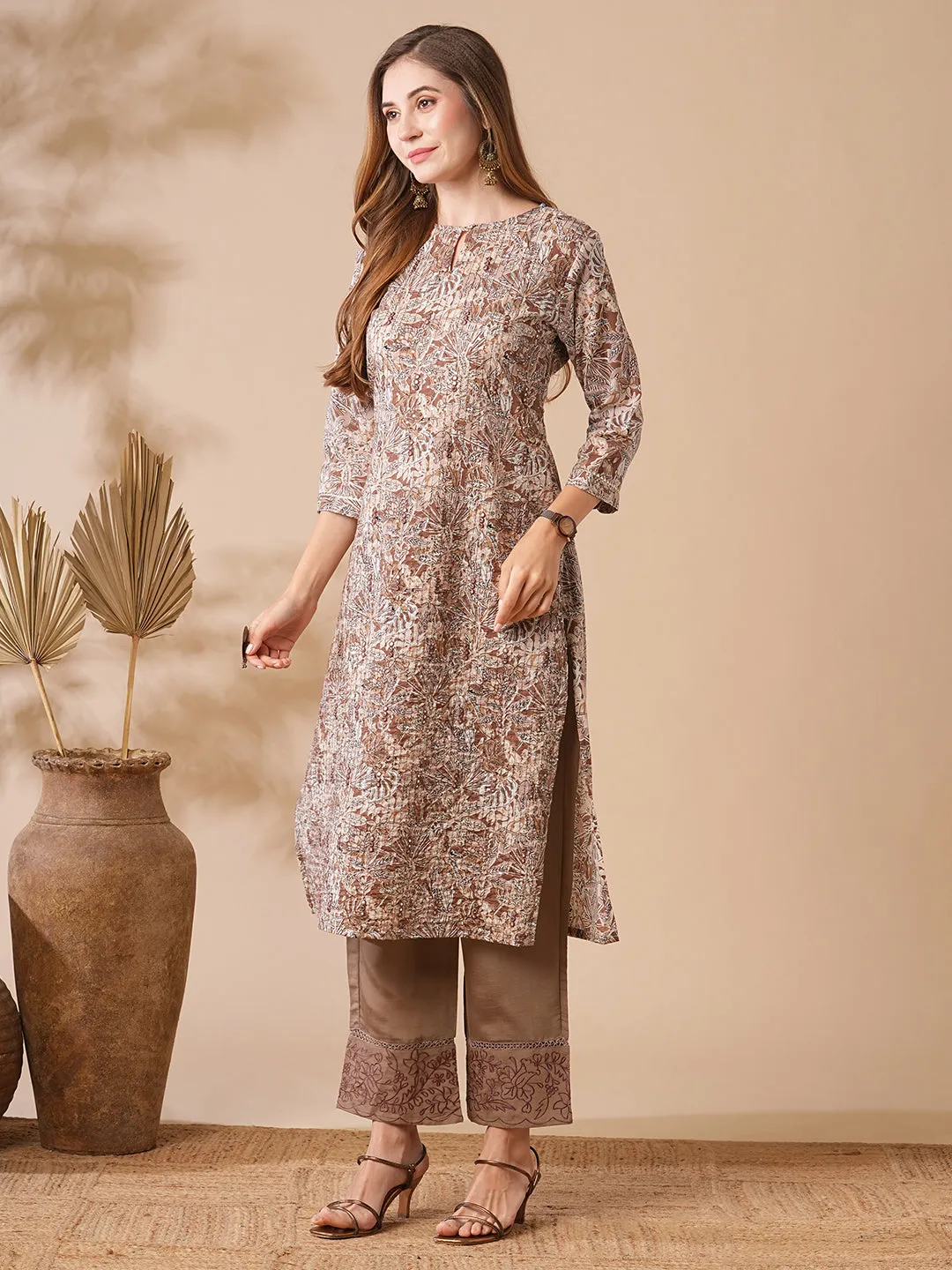 Abstract Printed Mirror, Sequins & Resham Embroidered kurta - Light Brown