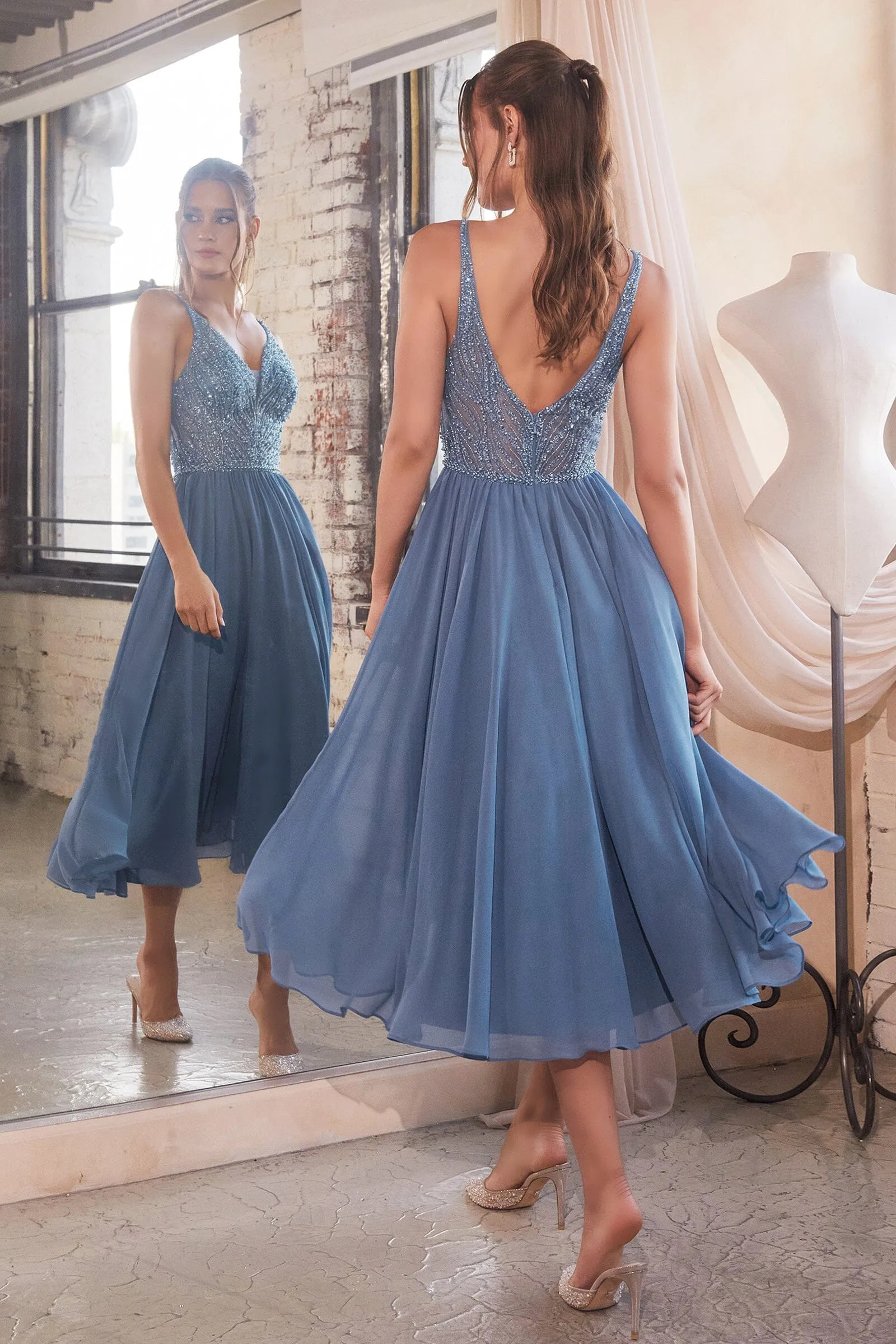 Beaded Chiffon V-Neck Tea Length Dress by Ladivine CD0225