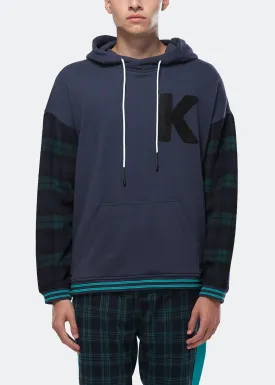 Konus Men's Pullover Hoodie w/ Wool Blend Plaid Sleeves in Navy