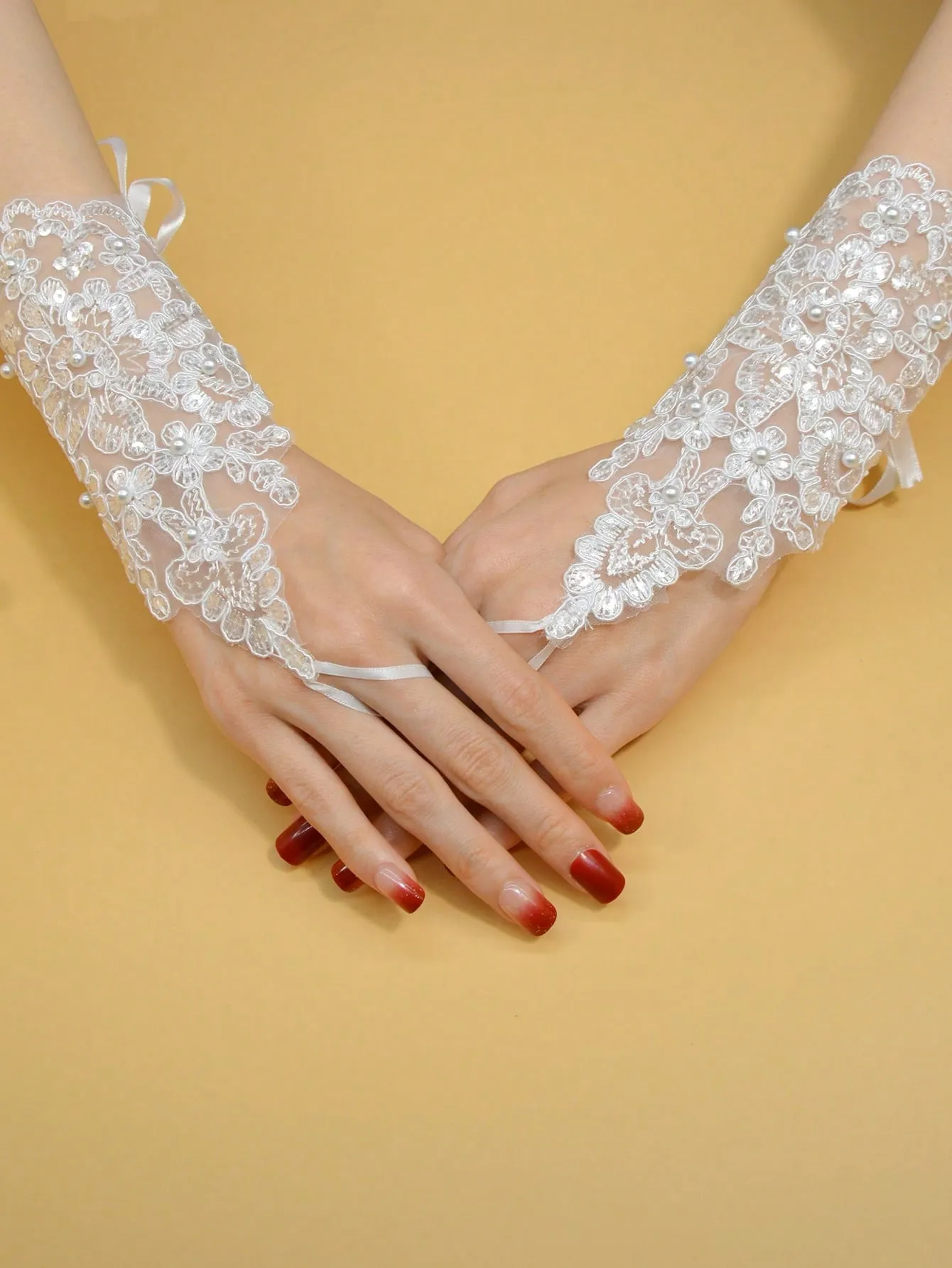 One Pair Of White Pearl Embroidered Short Bridal Gloves, Polyester & Lace Wedding Gloves