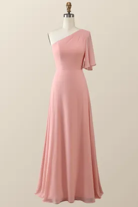 One Shoulder Blush Pink Chiffon Long Bridesmaid Dress