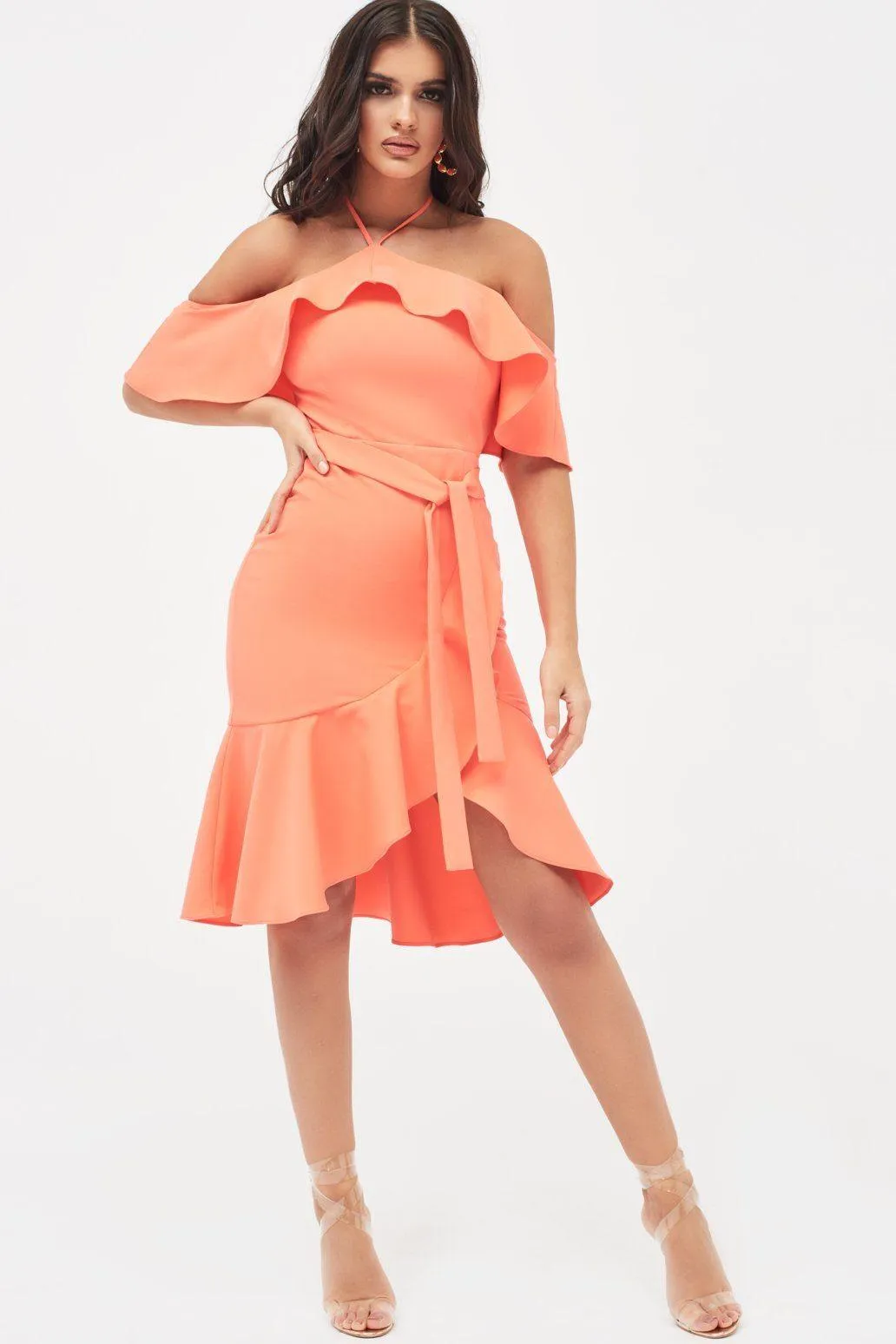 PAISLEY Bardot Frill Halterneck Midi Dress in Neon Coral