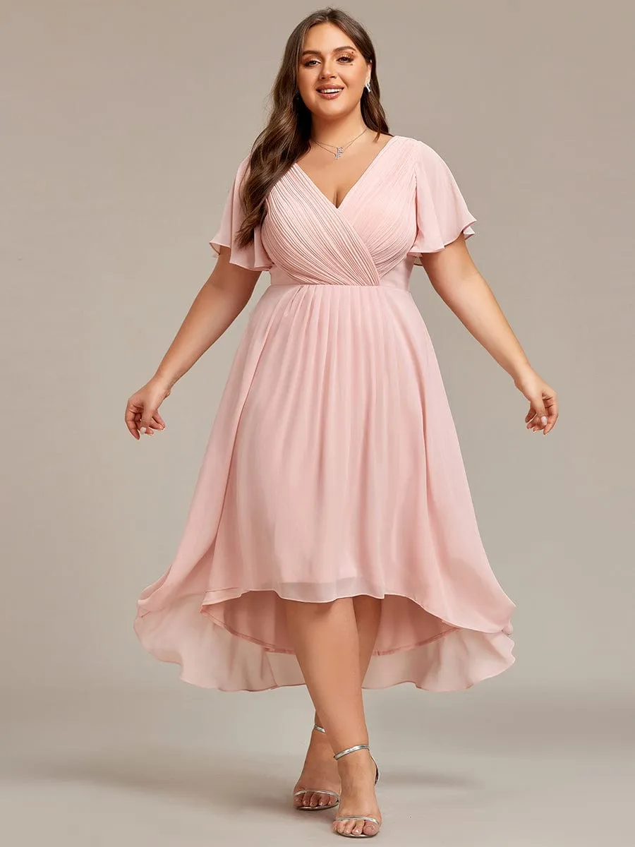 Plus Size Double V-Neck Ruffles Sleeve Chiffon Midi Wedding Guest Dress