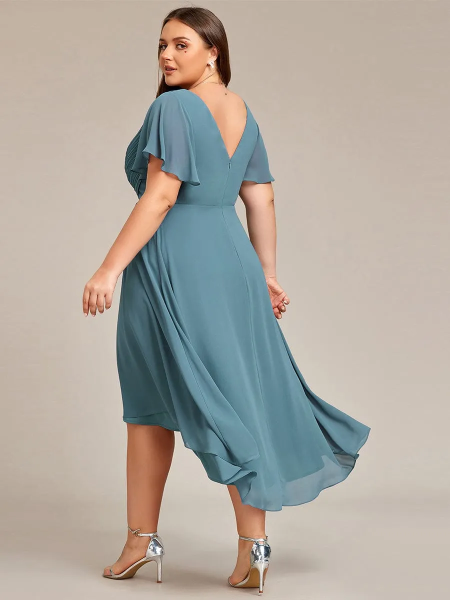 Plus Size Double V-Neck Ruffles Sleeve Chiffon Midi Wedding Guest Dress