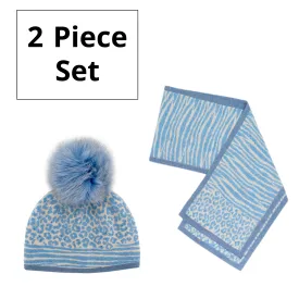 Rippe's Furs Crystal Embellished Animal Print 2 Piece Scarf/Hat Set with Fox Fur Pom - Blue